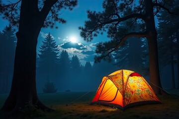 tent in the woods at night, full moon day in the forest