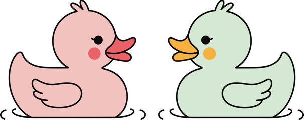 Two cute cartoon rubber ducks floating in water pink and green