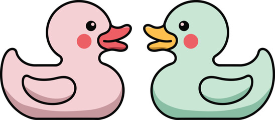 Cute pink and green rubber ducks facing each other with cheerful expressions