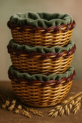 Obraz premium Wicker Basket Stack with Green Fabric Lining and Wheat Stalks on Wooden Table