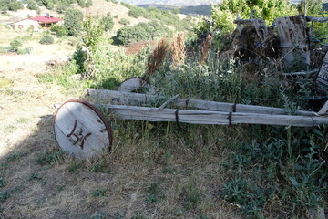 An example of a ox cart or oxen cart used in villages in Turkey decades ago by attaching oxen
