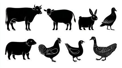 Fototapeta premium Silhouettes of Farm Animals Including Cow Sheep Chicken Duck Rabbit and Pigeon on White Background
