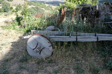 An example of a ox cart or oxen cart used in villages in Turkey decades ago by attaching oxen