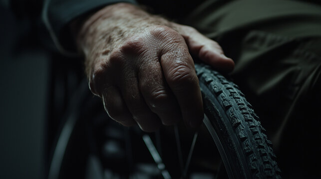 Close-up of elderly hand on wheelchair tire in dark setting. Fragility, abandonment and resilience in aging and disability