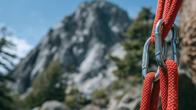 Close-up of shiny metal carabiners clipped onto vibrant red climbing rope, textured rock climbing wall in soft focus background, highlighting essential gear for extreme outdoor spo