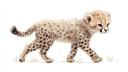   A baby cheetah walking in the grass with its head turned to the side