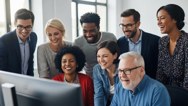Diverse team laughs together watching a computer screen in a bright office environment, fostering collaboration and positive workplace culture.