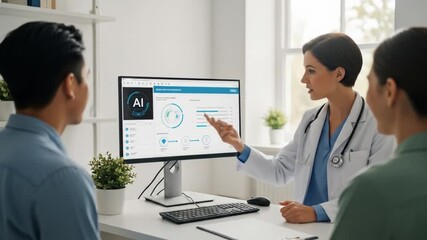 Doctor Explains AI-Driven Diagnosis to Couple in Office Setting, Showing Charts and Graphs - Powered by Adobe