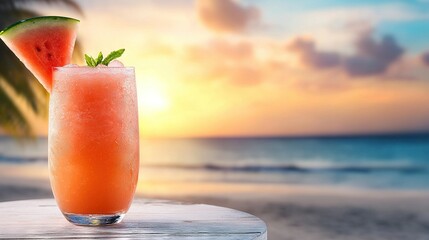 Obraz premium A refreshing drink with a juicy watermelon slice on a table at a beach during sunset