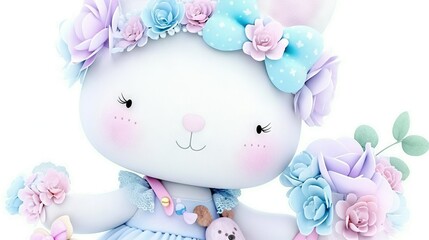   A white  bear with a blue dress and a pink  bear with flowers on its head