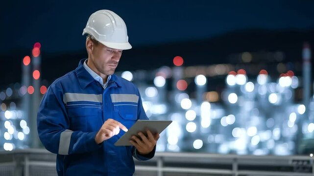 Engineer analyzes real-time system diagnostics via tablet, with digital interface projecting energy consumption trends across industrial networks.