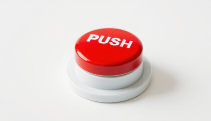 A red push button sits on a white surface, ready to be pressed.