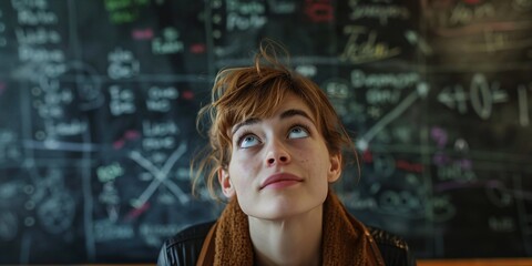 Intrigued gaze of a young woman absorbing concepts from a chalkboard equation art