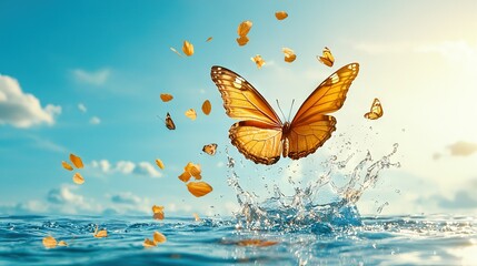   A golden butterfly soars above the water, surrounded by a swarm of glistening flutterflies