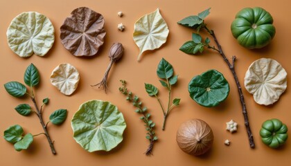 Diverse Arrangement of Natural Leaves and Fruits on Earthy Background in Neutral Tones