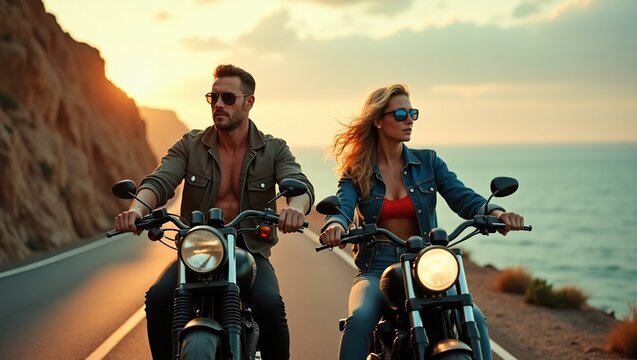 Couple rides motorcycles along the coast at sunset. - Powered by Adobe
