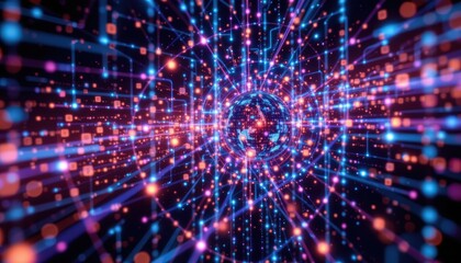 Obraz premium Abstract representation of a vibrant data network with glowing dots and interconnected lines in space