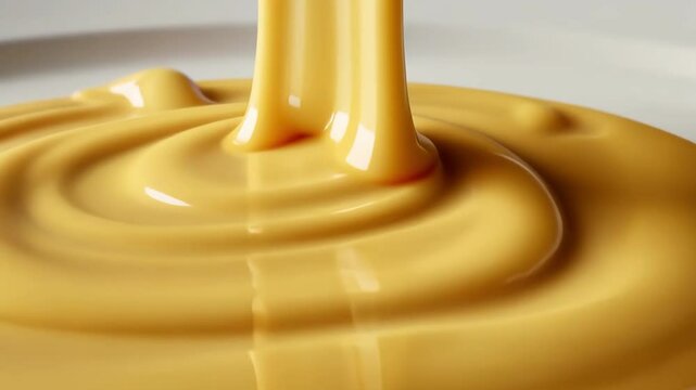 Pouring creamy cheese sauce on white plate. Food concept with delicious liquid.