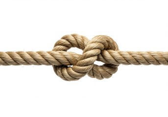 Thick natural fiber rope tied in a secure knot on white background