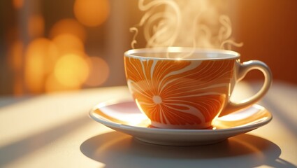 Fototapeta premium Steaming beverage in decorative cup on a sunny surface.