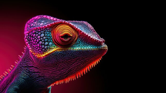   A vivid chameleon in focus against a dark backdrop, illuminated by a reddish-yellow light source