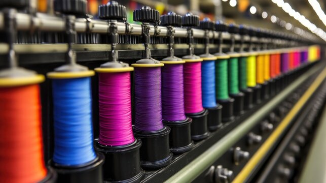 Vibrant array of colorful spools of yarn. A textile factory showcasing a spectrum of threads in a neat, organized fashion.