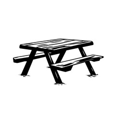 Black silhouette of a picnic table on a white background for outdoor dining and recreational activities