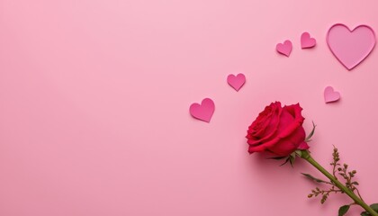 Red Rose with Pink Hearts on Soft Pink Background Symbolizing Love and Romance