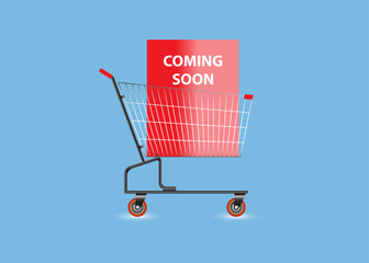 Shopping cart with Coming Soon word on blue background.