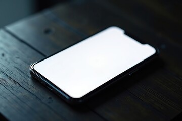 Smartphone resting on a wooden surface with a blank white screen.