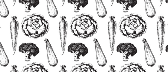 Seamless Vintage Engraving of Cabbage, Broccoli, and Carrot in Retro Blackwork Style for Eco Packaging and Thanksgiving Design.