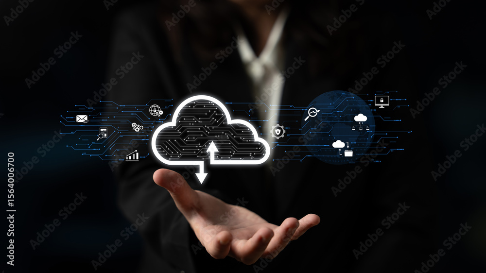 Poster cloud computing enables digital growth with secure data storage, scalable infrastructure, and strate