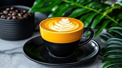   Cuppa Cappuccino with Coffee Beans & Plant