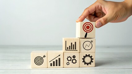 Photo of a hand carefully places a block with a target icon on top of a stack of wooden blocks, each showing various businessrelated symbols, representing strategic planning and goal achievement