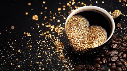 A cup brimming with coffee beans sits beside a mound of beans and a heart-shaped cookie perched atop it