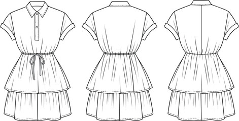 Tiered mini dress flat sketch set – technical fashion illustration, front and back views for garment design or sewing pattern