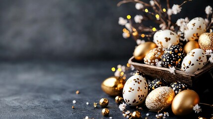 Obraz premium Basket filled with golden Easter eggs on a black tablecloth, adorned with confetti and sprinkles