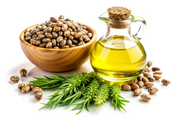 Castor Oil Bottle with Dry and Fresh Green Beans on White Background, Generative AI