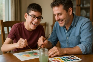 Fototapeta premium Father and son bonding over a joyful painting session, creating vibrant watercolor art together in the comfort of their home
