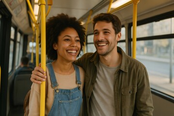 Young multi ethnic couple smiling and holding hands on the bus during their daily commute, enjoying their time together