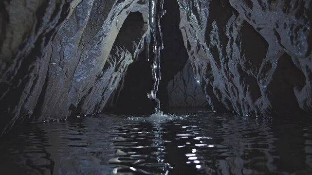 Water dripping from cave stalactite into calm underground pool  