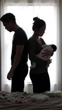 A dramatic video captures a young asian couple in high-contrast silhouette, silently arguing in a dimly lit bedroom, infant baby and rumpled bed with clothes in foreground, intense backlighting.