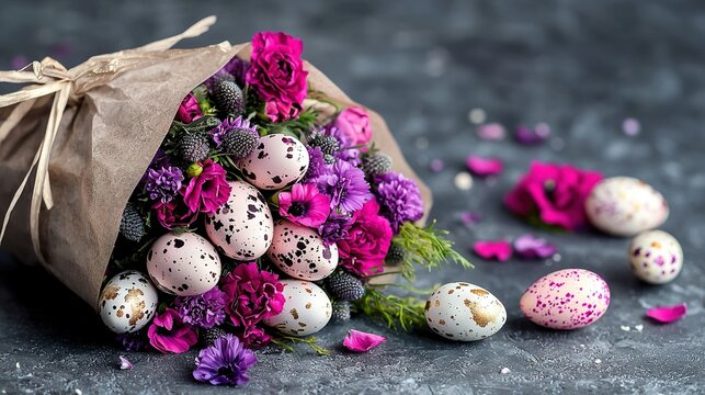 A bouquet of flowers and eggs in a paper bag on a gray surface with purple flowers and speckled eggs