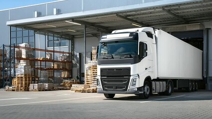 White delivery truck pulls into modern industrial warehouse bay, interior racks stacked high with assorted cargo crates and pallets, scene bustling with logistics technology and tr - Powered by Adobe
