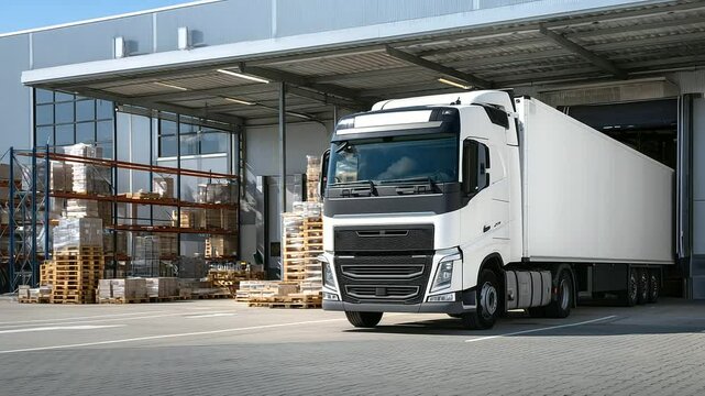 White delivery truck pulls into modern industrial warehouse bay, interior racks stacked high with assorted cargo crates and pallets, scene bustling with logistics technology and tr