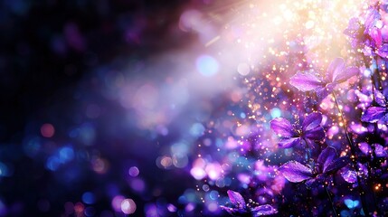   A close-up of a purple flower on a black background with a blurry light source originating from above it