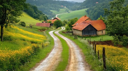 Rural life quiet villages, traditional homes near barns, dirt roads, peaceful countryside lifestyle captured with scenic views and sustainable living elements