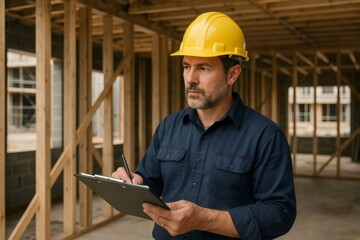 Building inspector wearing hardhat writing notes on clipboard while evaluating construction work at building site