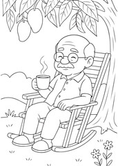 Coloring book grandpa drinking tea under a tree.