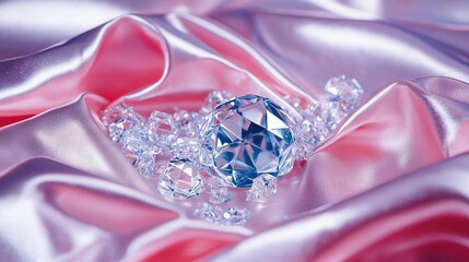   A blue diamond rests atop a pink satin tablecloth, which in turn lies over a pink-and-white tablecloth